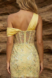 One Shoulder Yellow Bodycon Sheer Corset Floral Homecoming Dress with Sequins