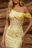 One Shoulder Yellow Bodycon Sheer Corset Floral Homecoming Dress with Sequins