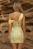 One Shoulder Yellow Bodycon Sheer Corset Floral Homecoming Dress with Sequins