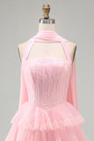 Pink Strapless A-Line Corset Tiered Ruffled Short Homecoming Dress