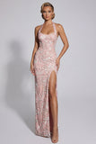 Pink Appliqued Halter Corset Sheath Long Prom Dress with Slit