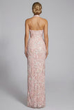 Pink Appliqued Halter Corset Sheath Long Prom Dress with Slit