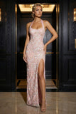 Pink Appliqued Halter Corset Sheath Long Prom Dress with Slit