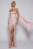 Pink Embroidery Strapless Corset Sheath Long Prom Dress with Slit