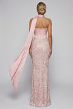 Pink Embroidery Strapless Corset Sheath Long Prom Dress with Slit
