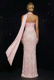 Pink Embroidery Strapless Corset Sheath Long Prom Dress with Slit