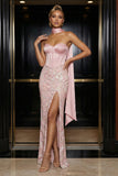 Pink Embroidery Strapless Corset Sheath Long Prom Dress with Slit