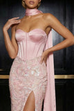 Pink Embroidery Strapless Corset Sheath Long Prom Dress with Slit