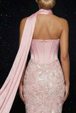 Pink Embroidery Strapless Corset Sheath Long Prom Dress with Slit