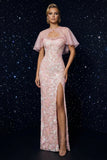 Pink Embroidery Spaghetti Straps Corset Sheath Evening Dress with Slit and Cloak