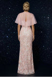 Pink Embroidery Spaghetti Straps Corset Sheath Evening Dress with Slit and Cloak