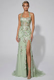 Green Embroidery Halter Corset Mermaid Prom Dress with Slit