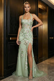 Green Embroidery Halter Corset Mermaid Prom Dress with Slit