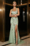Green Embroidery Halter Corset Mermaid Prom Dress with Slit