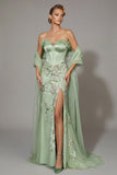 Green Strapless Corset Mermaid Floral Embroidered Long Prom Dress with Slit