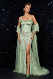 Green Strapless Corset Mermaid Floral Embroidered Long Prom Dress with Slit