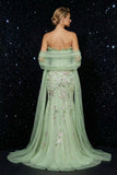 Green Strapless Corset Mermaid Floral Embroidered Long Prom Dress with Slit