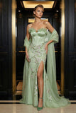 Green Strapless Corset Mermaid Floral Embroidered Long Prom Dress with Slit