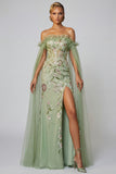 Green Ruffled Strapless Floral Embroidery Corset Mermaid Prom Dress with Slit