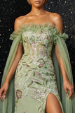 Green Ruffled Strapless Floral Embroidery Corset Mermaid Prom Dress with Slit