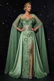 Green Mermaid Spaghetti Straps Embroidered Corset Ruffled Long Prom Dress with Slit