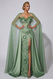 Green Mermaid Spaghetti Straps Embroidered Corset Ruffled Long Prom Dress with Slit