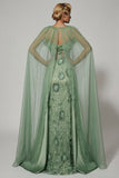 Green Mermaid Spaghetti Straps Embroidered Corset Ruffled Long Prom Dress with Slit