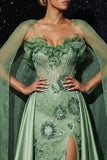 Green Mermaid Spaghetti Straps Embroidered Corset Ruffled Long Prom Dress with Slit