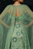 Green Mermaid Spaghetti Straps Embroidered Corset Ruffled Long Prom Dress with Slit