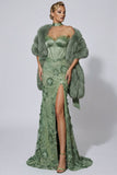 Green Embroidered Ruffled Strapless Corset Mermaid Long Prom Dress with Slit
