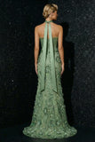 Green Embroidered Ruffled Strapless Corset Mermaid Long Prom Dress with Slit