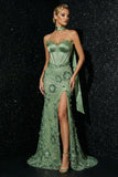 Green Embroidered Ruffled Strapless Corset Mermaid Long Prom Dress with Slit