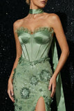Green Embroidered Ruffled Strapless Corset Mermaid Long Prom Dress with Slit