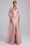 Sparkly Pink Mermaid Sequins Strapless Corset Long Prom Dress with Slit and Cloak
