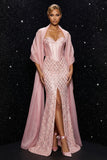 Sparkly Pink Mermaid Sequins Strapless Corset Long Prom Dress with Slit and Cloak