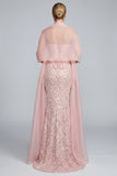 Sparkly Pink Mermaid Sequins Strapless Corset Long Prom Dress with Slit and Cloak