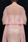 Sparkly Pink Mermaid Sequins Strapless Corset Long Prom Dress with Slit and Cloak