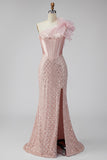 Pink Satin Mermaid Sequins Pearls One Shoulder Corset Long Prom Dress with Slit