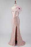 Pink Satin Mermaid Sequins Pearls One Shoulder Corset Long Prom Dress with Slit