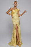 Sparkly Yellow Mermaid Appliqued One Shoulder Ruffled Long Prom Dress with Slit