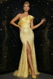 Sparkly Yellow Mermaid Appliqued One Shoulder Ruffled Long Prom Dress with Slit