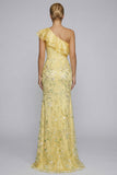 Sparkly Yellow Mermaid Appliqued One Shoulder Ruffled Long Prom Dress with Slit