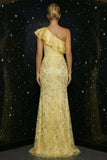 Sparkly Yellow Mermaid Appliqued One Shoulder Ruffled Long Prom Dress with Slit