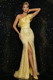 Sparkly Yellow Mermaid Appliqued One Shoulder Ruffled Long Prom Dress with Slit