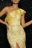 Sparkly Yellow Mermaid Appliqued One Shoulder Ruffled Long Prom Dress with Slit