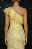 Sparkly Yellow Mermaid Appliqued One Shoulder Ruffled Long Prom Dress with Slit