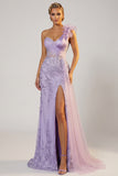 Sparkly Purple Mermaid Appliqued Ruffled One Shoulder Long Prom Dress with Slit