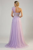 Sparkly Purple Mermaid Appliqued Ruffled One Shoulder Long Prom Dress with Slit