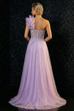 Sparkly Purple Mermaid Appliqued Ruffled One Shoulder Long Prom Dress with Slit