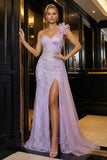 Sparkly Purple Mermaid Appliqued Ruffled One Shoulder Long Prom Dress with Slit